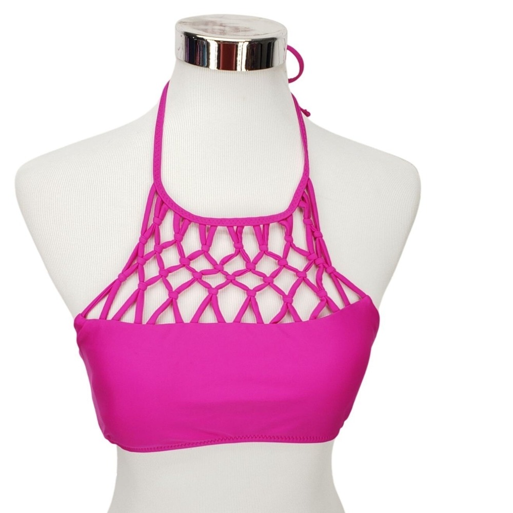 Raisins Hot Pink Macrame High Neck Halter Bikini Top Medium U710026